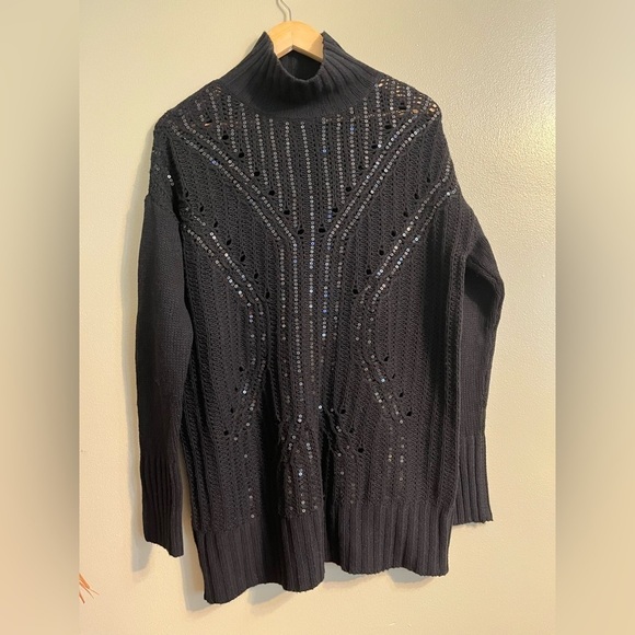 BCBG MaxaRia Womens Marino Wool Blend Sequined Black Tunic Sweater Knit Sz XS - Picture 1 of 13